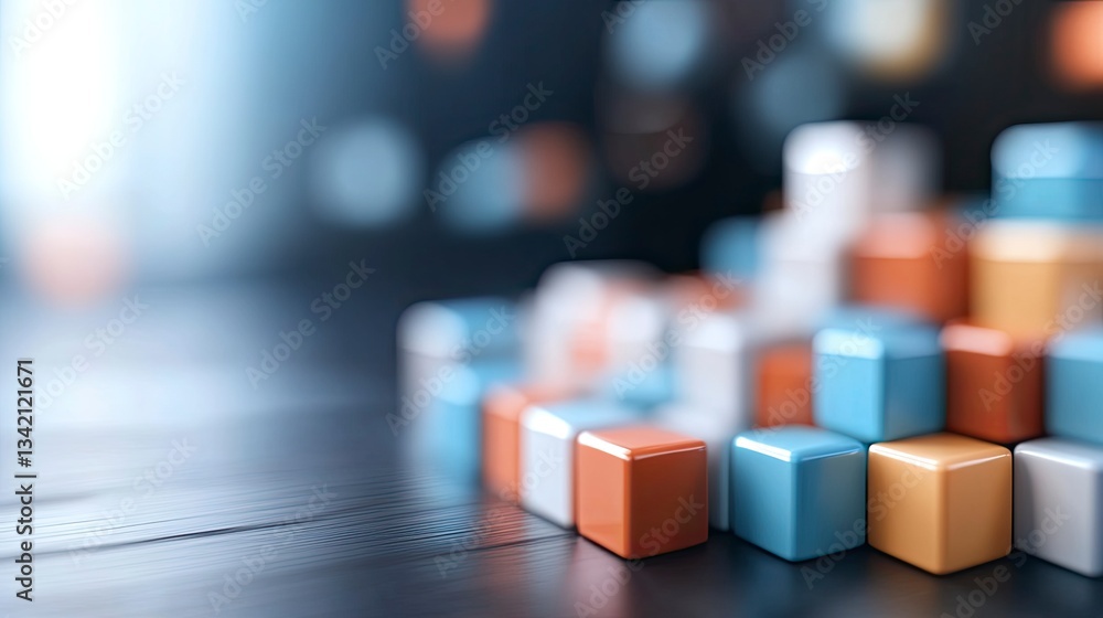 Aufkleber colorful cubes arranged in a pattern on a dark wooden surface, creating an abstract design.