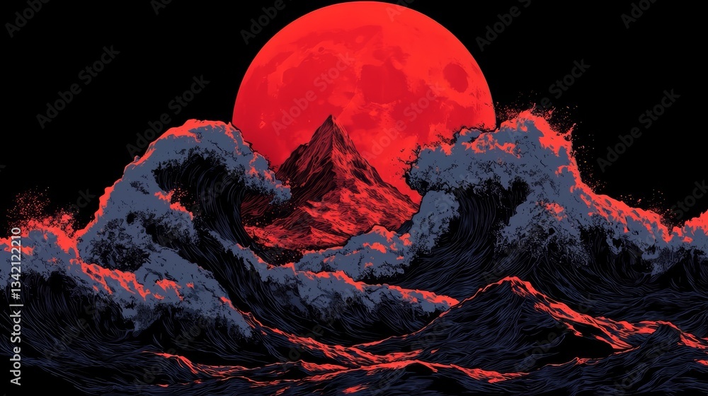 Leinwandbilder red moon is in the sky above a mountain range. the sky is dark and the waves are crashing against th