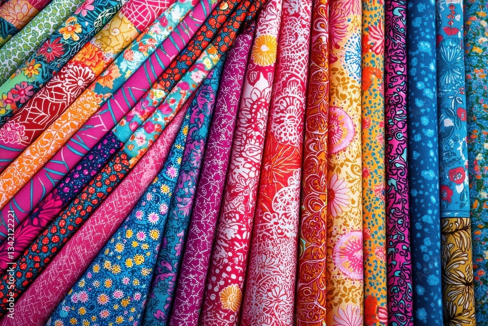 Poster a colorful collection of floral patterned fabrics stacked together, creating a vibrant and visually 