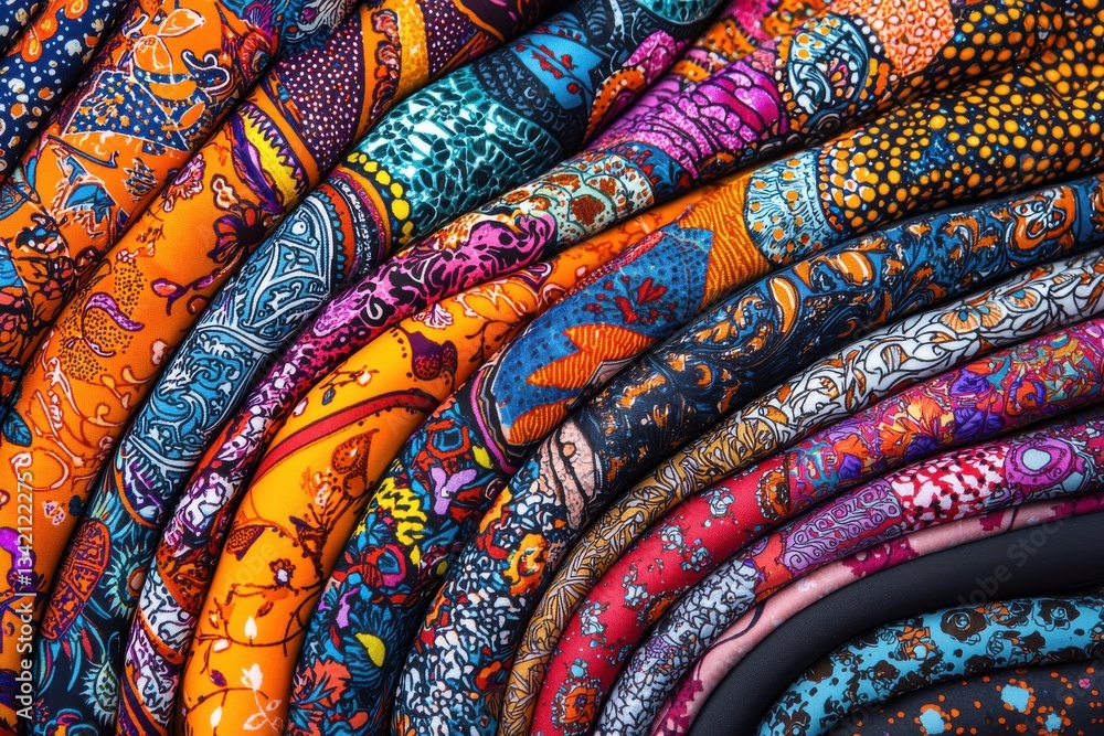 Poster a vibrant array of colorful fabrics with intricate patterns, creating a lively and textured textile 