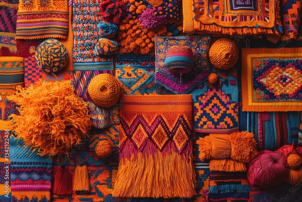 Poster a vibrant collage of colorful textiles, showcasing intricate patterns and textures in an eye-catchin