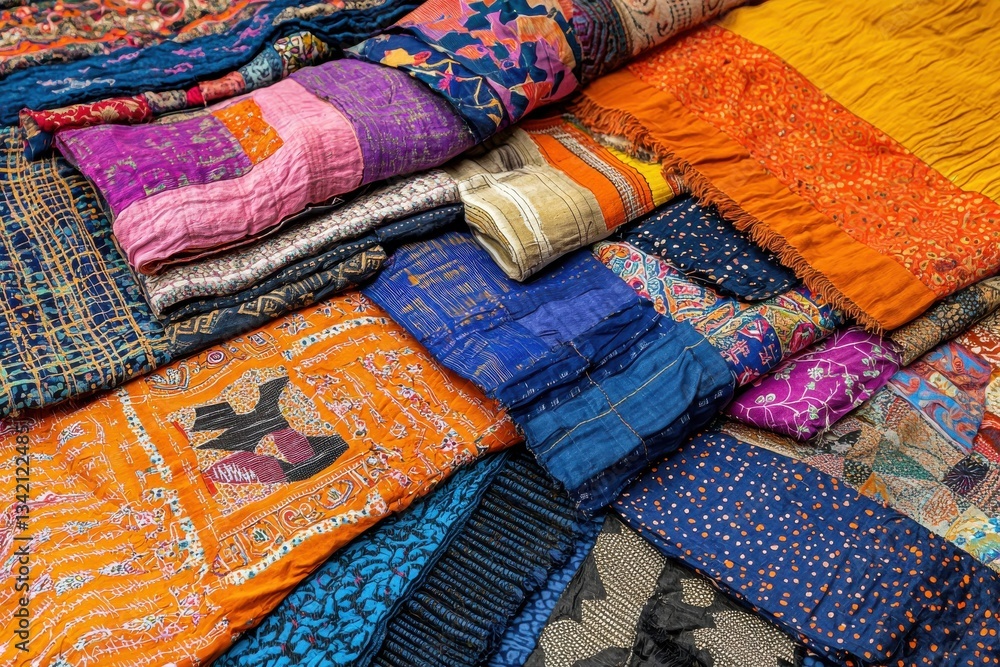 Poster a vibrant patchwork of colorful fabrics, displaying a rich tapestry of patterns and textures, creati