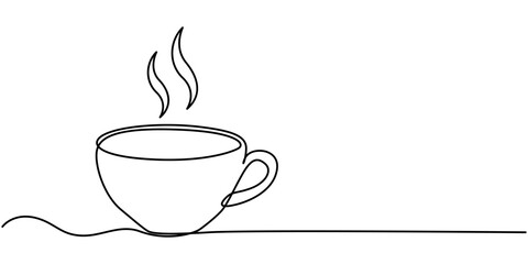 Coffee cup continuous one line art drawing with breakfast coffee design outline vector, Coffee cup continuous line sketch tea icon cafe sketch drink single art outline mug logo food. Doodle cup line. 
