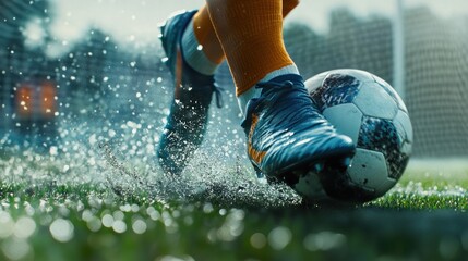 Dynamic Soccer Action Player Kicking Ball on Wet Field with Splashing Water