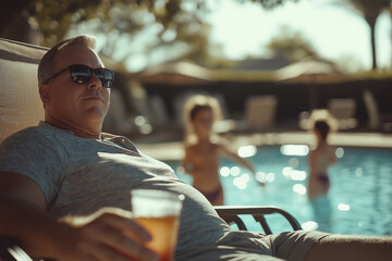 Dad Relaxing by Pool, Family Vacation