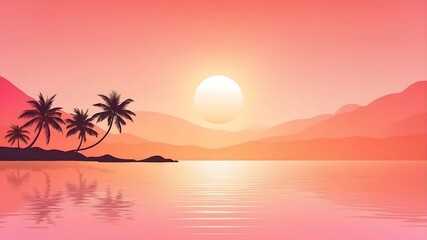 Fototapeta premium Tropical Sunset with Palm Trees and a Peaceful Reflected Ocean Scene in Soft Pink and Orange Tones