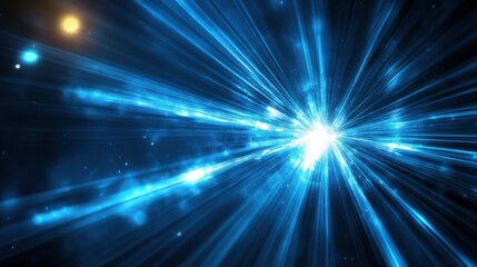 Bright blue light beams illuminate a dark space, forming a vivid and abstract display of movement and energy