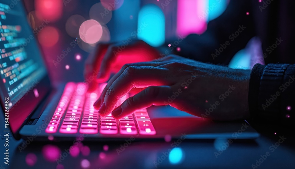 Poster hands type on illuminated laptop keyboard in dark. neon pink, blue lights evoke cyberpunk ambience. 