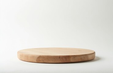 Round wooden platform against white background. Clean, simple, minimal design display. Showcase natural rustic organic smooth polished handcraft product. Object element scene studio photo. Empty