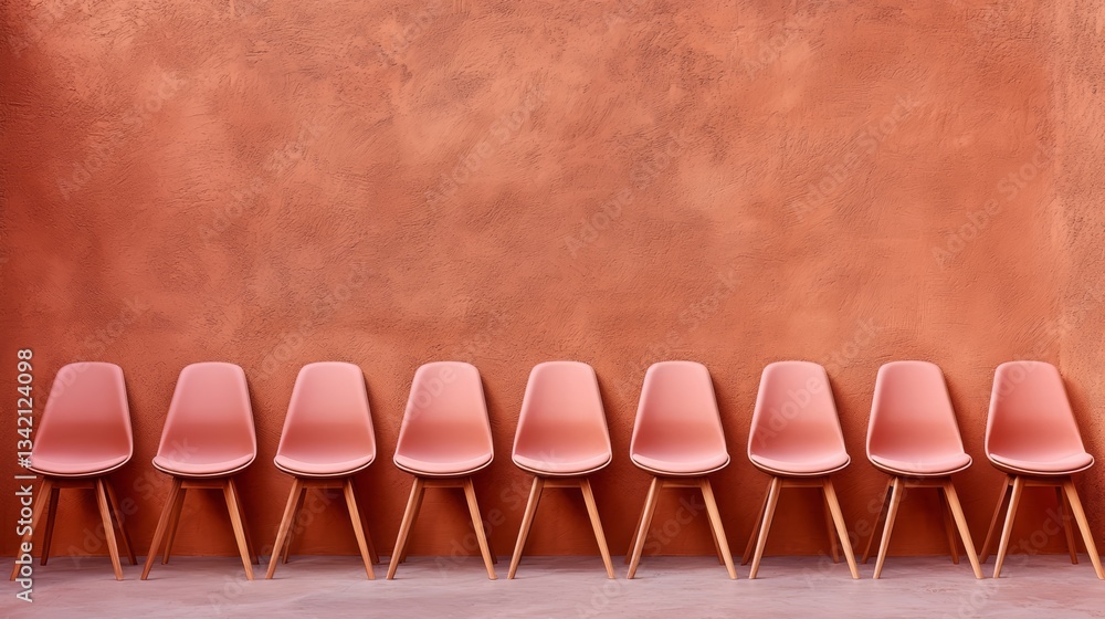 Poster row of pink chairs are lined up against a wall. the chairs are all facing the same direction, and th