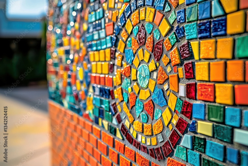 Poster close-up of a vibrant mosaic wall featuring a circular pattern with colorful tiles, showcasing artis