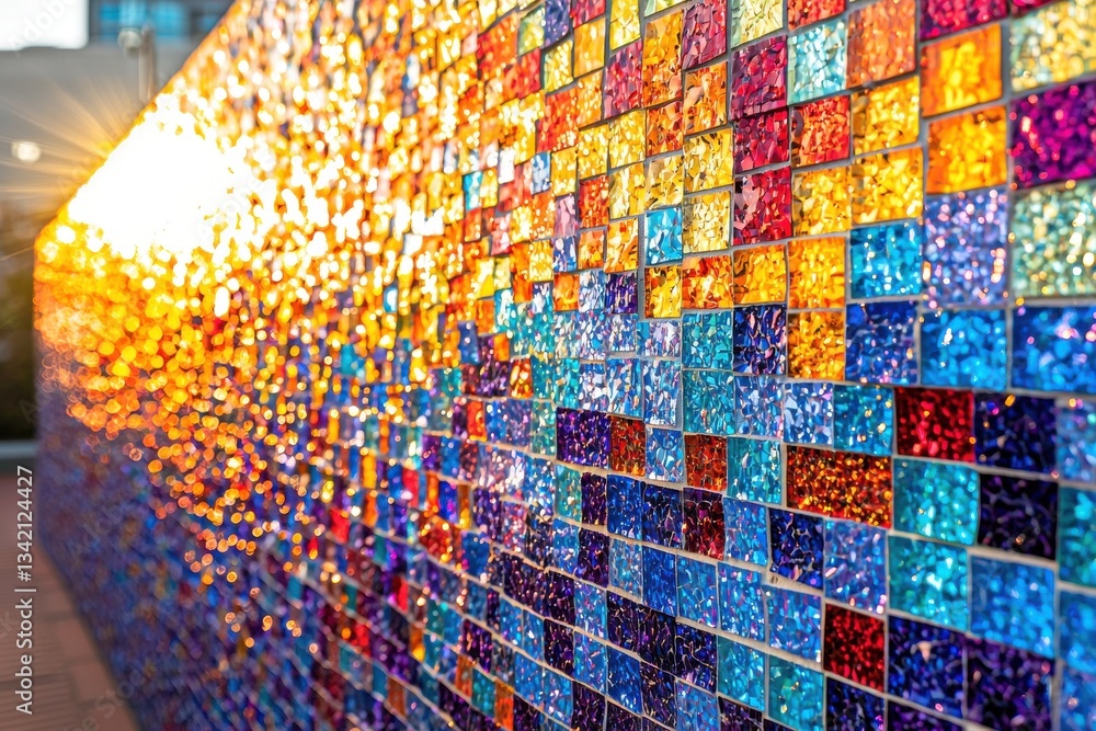 Poster a dazzling mosaic wall featuring a gradient of colorful glass tiles, illuminated by sunlight, creati