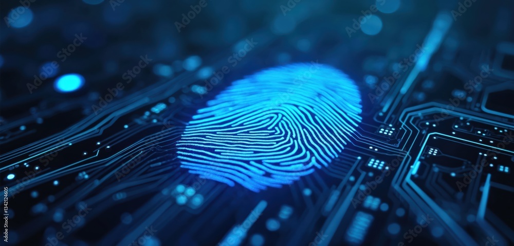 Aufkleber Electronic digital fingerprint scan with biometric identification on circuit board. Innovative tech for security access, user verification, cybersecurity, privacy, data protection, personal online