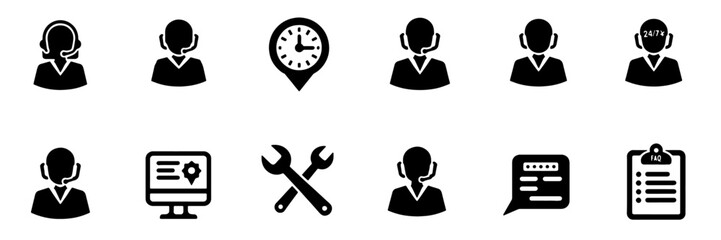 Fototapeta premium Silhouette Icon Set for Data Analysis, Web Development, Finance, Customer Satisfaction, Document and so on