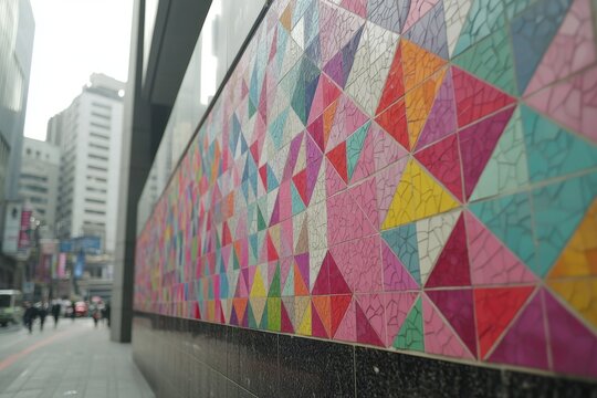 A captivating colorful mosaic wall composed of triangular tiles, adorning a bustling city street with towering buildings and pedestrians creating an artistic urban landscape.