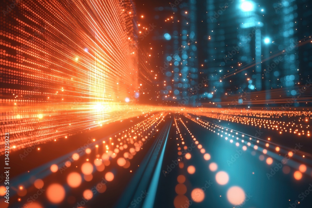Poster abstract futuristic background with glowing orange and blue lines, representing high-speed data tran