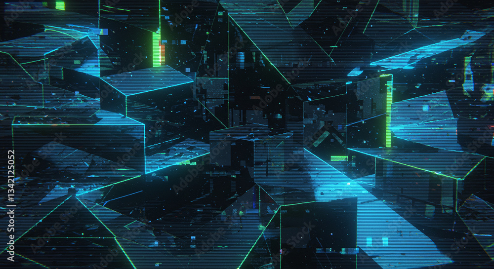 Poster abstract cyber cityscape: an eye-level view of a futuristic cityscape built from digital blocks with