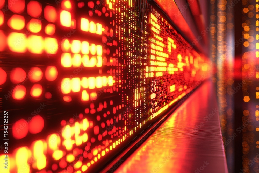 Poster a futuristic tunnel with illuminated red and yellow data points, stretching into the distance, resem