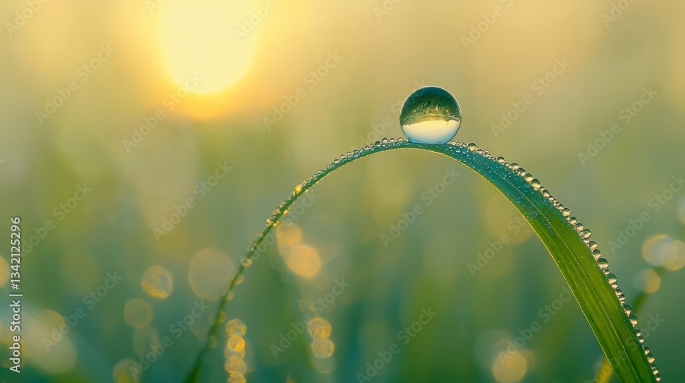 Poster single drop of water sits on a green leaf. the sun is setting in the background, casting a warm glow