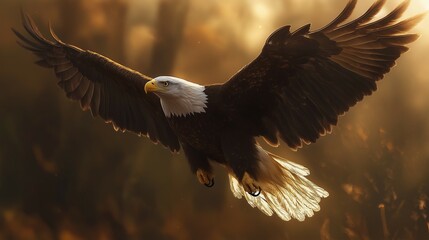 Obraz premium Majestic Bald Eagle in Flight – Stunning Golden Hour Wildlife Photography, Powerful Raptor with Outstretched Wings, High-Resolution Nature Image for Wallpapers, Prints, and Bird Enthusiasts