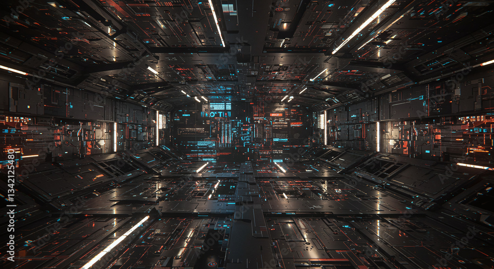 Poster Futuristic Corridor: An abstract digital artwork depicting a long, sleek corridor with futuristic design elements, illuminated by glowing lights and complex technological patterns.
