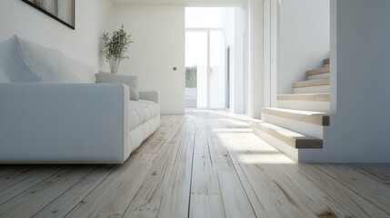 Fototapeta premium A simple, modern living room. White sofa, wooden floor, and white walls. 