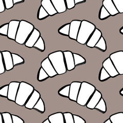 Bakery products doodle illustration including icons - cupcake, croissant, biscuit, bagel, donut, toast, baguette, dessert, cinnamon roll. Thin line art about bread and confectionery. Editable Stroke