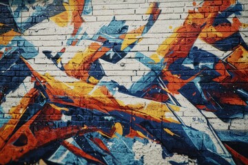 Obraz premium A graffiti-covered brick wall featuring dynamic lines and vibrant colors, creates an energetic and artistic urban background with a touch of raw and expressive street style.