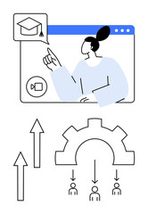 Woman gesturing to graduation cap icon in video call interface, gear distributing roles, upward arrows. Ideal for education, skill development, e-learning, teamwork, growth career success. Flat