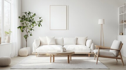 A simple, white Scandinavian living room.  Modern and minimalist design.
