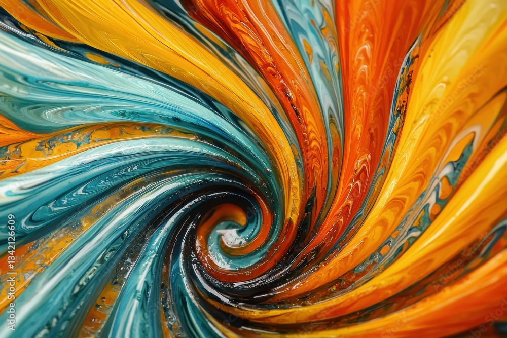 Poster a vibrant swirl of paint in shades of blue, orange, and yellow, creating a dynamic abstract pattern 