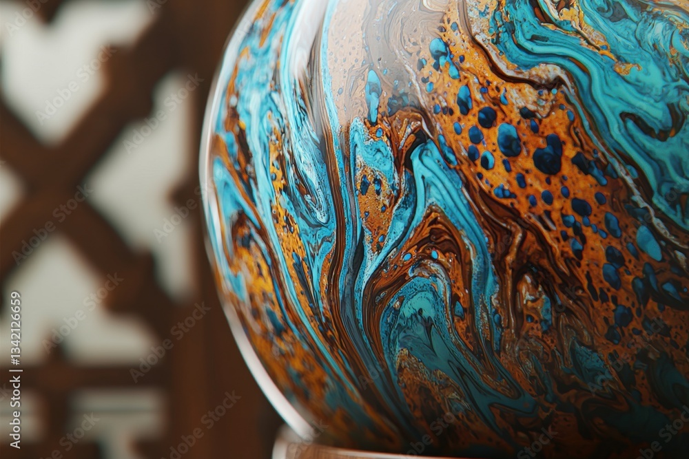 Poster a close-up shot of a sphere with swirling patterns of blue, brown, and gold, creating an abstract an