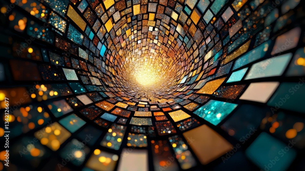 Poster Spiral of colorful squares that look like a tunnel. The squares are of different sizes and colors, and they are arranged in a way that creates a sense of depth and movement. The image is abstract