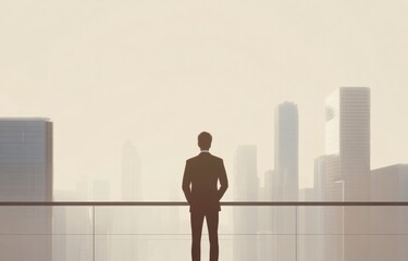 Businessman standing on a balcony with a city skyline view, against a light background A man in a suit holding his hands behind his back, looking at modern skyscrapers with a copy space Generative AI