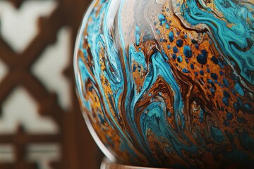 A close-up shot of a sphere with swirling patterns of blue, brown, and gold, creating an abstract and mesmerizing design with an organic feel.