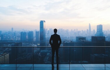 Fototapeta premium Businessman standing on the balcony and looking at the cityscape with a white sky background, a panoramic view concept of success in business Generative AI