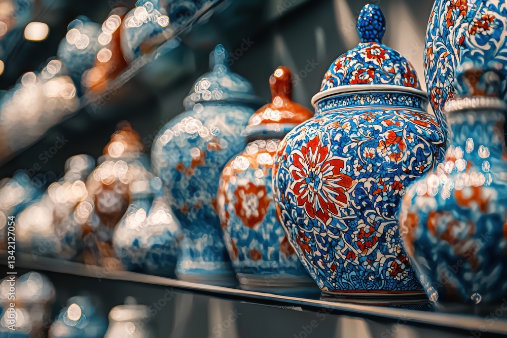 Poster a vibrant collection of handmade ceramic pottery with intricate floral patterns, displayed on a shel