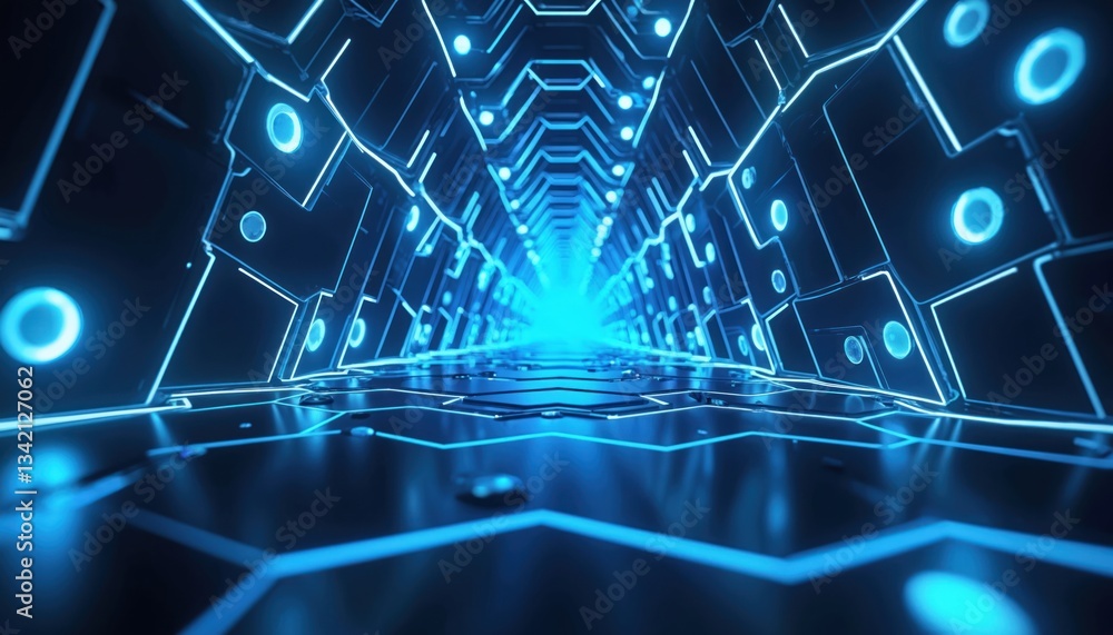 Poster Geometric blue abstract tech background features hexagons, circles. Digital graphic design. Modern futuristic structure grid shows network connectivity. Innovation in science, complexity of