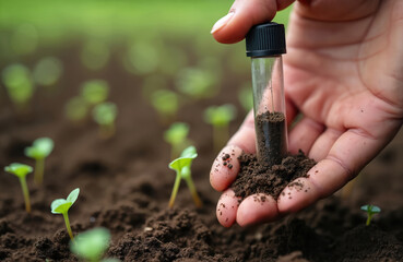 Person takes soil sample near small seedlings for soil test. Examining carbon sequestration, plant health with modern tech. Testing soil ph level with tube, nutrient content, texture. Sustainable
