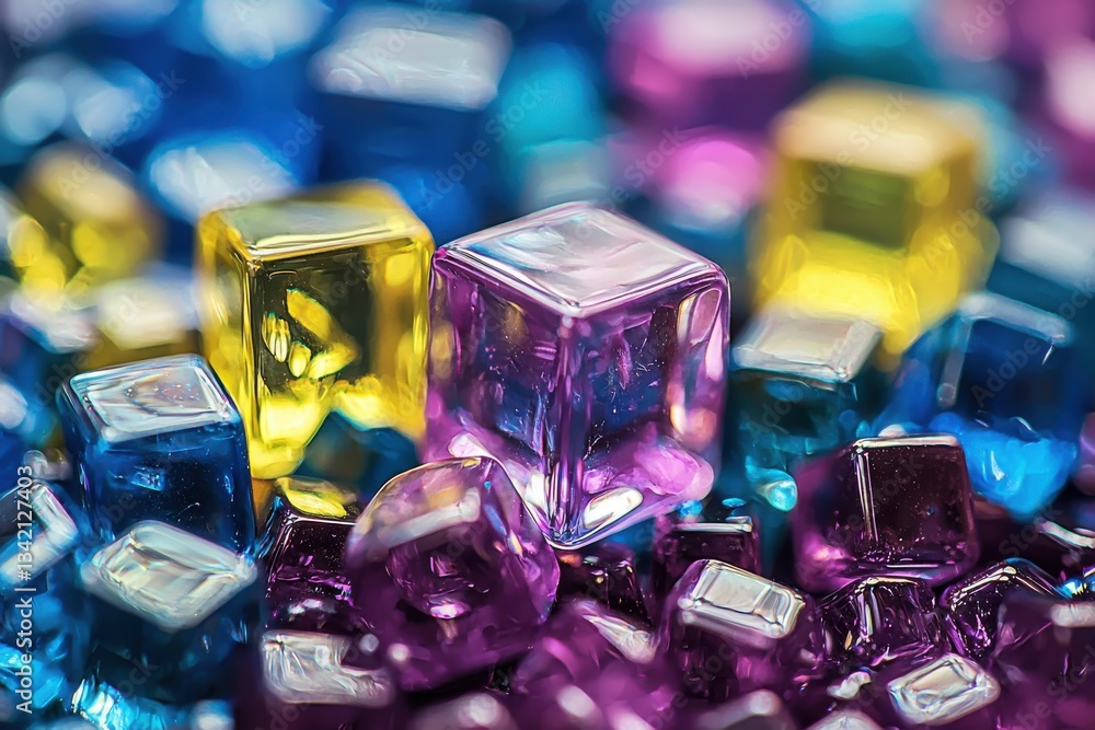 Poster a vibrant array of colorful glass cubes in close-up, creating an abstract, sparkling, and playful ba