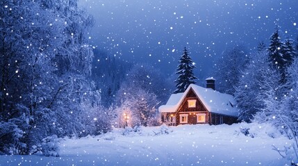 Fototapeta premium A snowy night scene with a house nestled in a winter forest. 