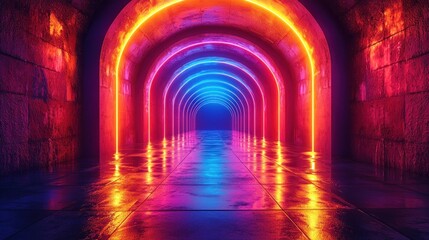 Fototapeta premium Neon Tunnel: A vibrant journey through an archway of light and color