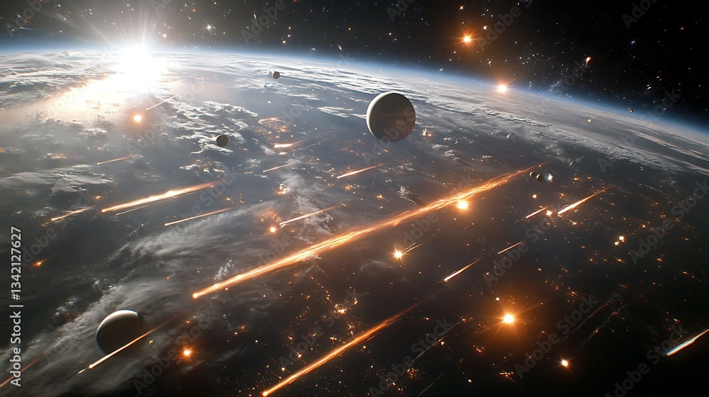 Poster a realistic space scene depicting a planetary surface and celestial objects