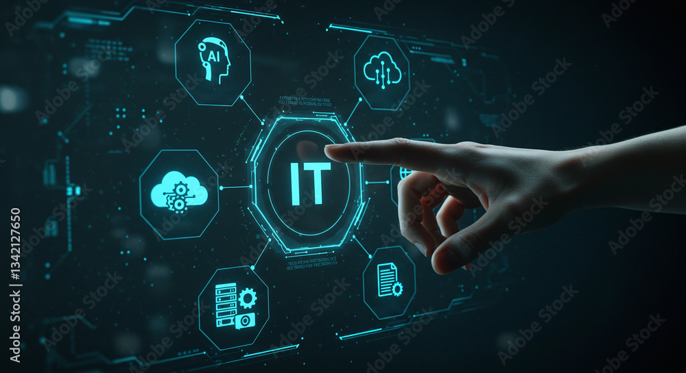 Poster it innovation: hand interacts with a digital interface representing advanced information technology,