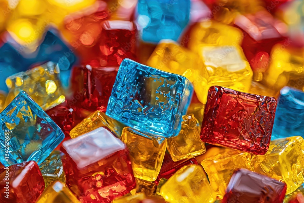 Poster macro shot showcasing a vibrant collection of colorful glass blocks, creating a dazzling array of ye