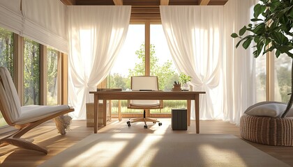 An exceptional transformation of here stands a contemporary summer home office with an airy design, natural wooden elements, and soft white drapery allowing sunlight to filter beautifully. 