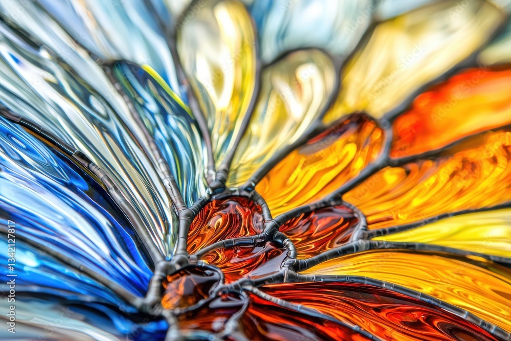 Poster close-up of a vibrant stained glass design featuring a spectrum of colors from cool blues to warm or