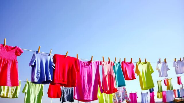 A row of colorful children's clothes drying on a clothesline against a clear blue sky, swaying gently in the breeze. Concept of freshness and carefree childhood