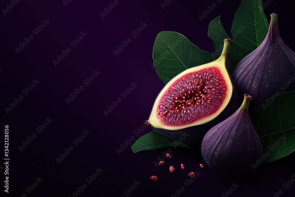 Poster charming fig with glossy finish showcasing vibrant red pulp against dark background generative ai