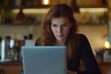 Generative AI image Person Working with Laptop in Cozy Cafe Cafeteria Setting